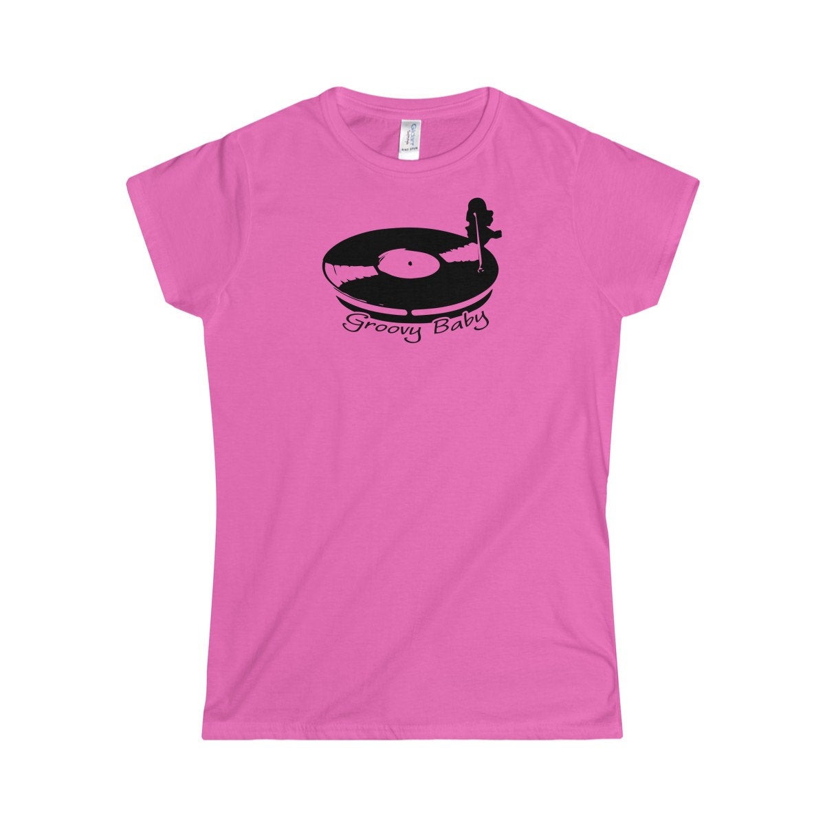 Record Player Turntable Top (Groovy Baby Black) Wax Disc DJ Funky Women's Softstyle Tee