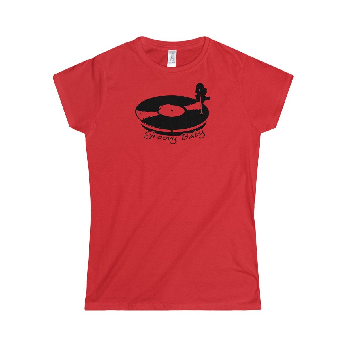 Record Player Turntable Top (Groovy Baby Black) Wax Disc DJ Funky Women's Softstyle Tee