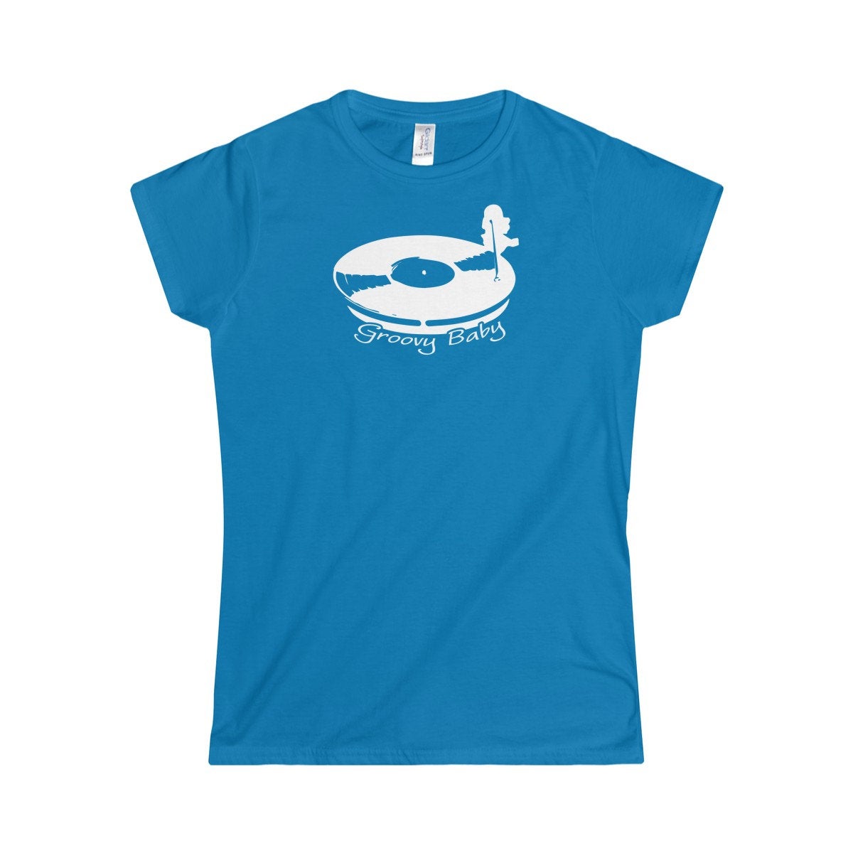 Record Player Turntable Top (Groovy Baby White) Wax Disc DJ Funky Women's Softstyle Tee