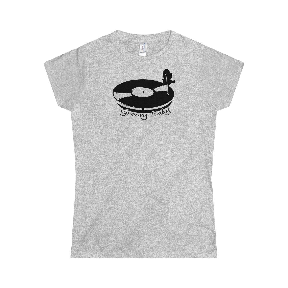 Record Player Turntable Top (Groovy Baby Black) Wax Disc DJ Funky Women's Softstyle Tee