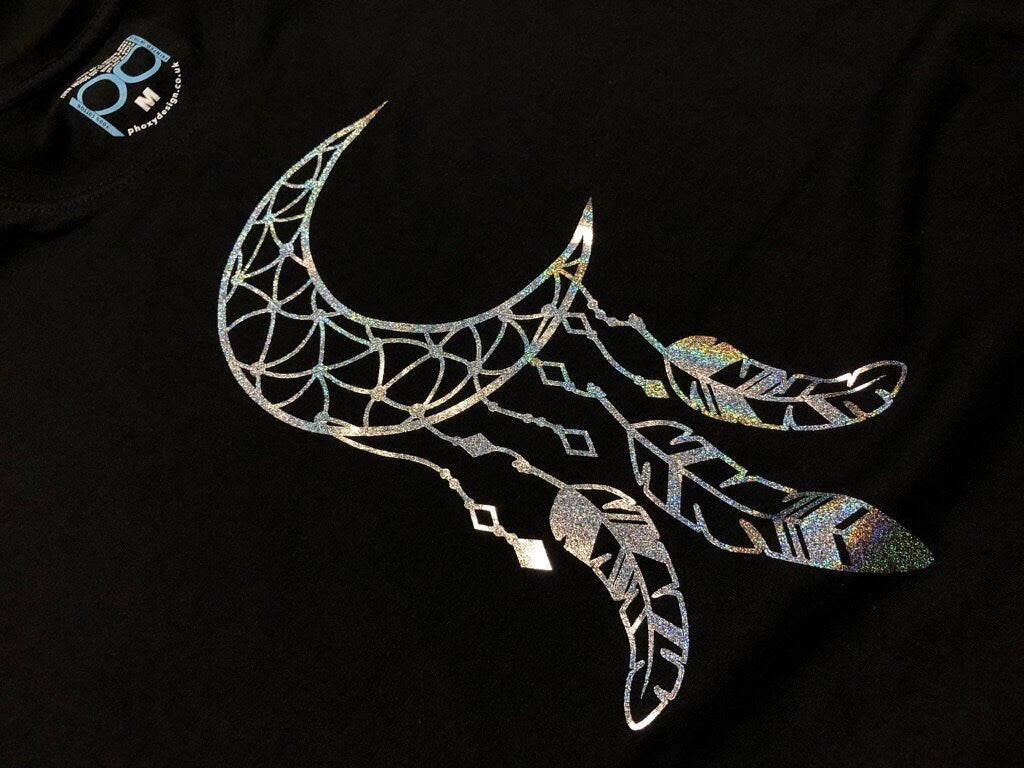 Dreamcatcher T Shirt, Boho Celestial Moon & Feathers Tee, Metallic Gli –  Phoxy Design & Print