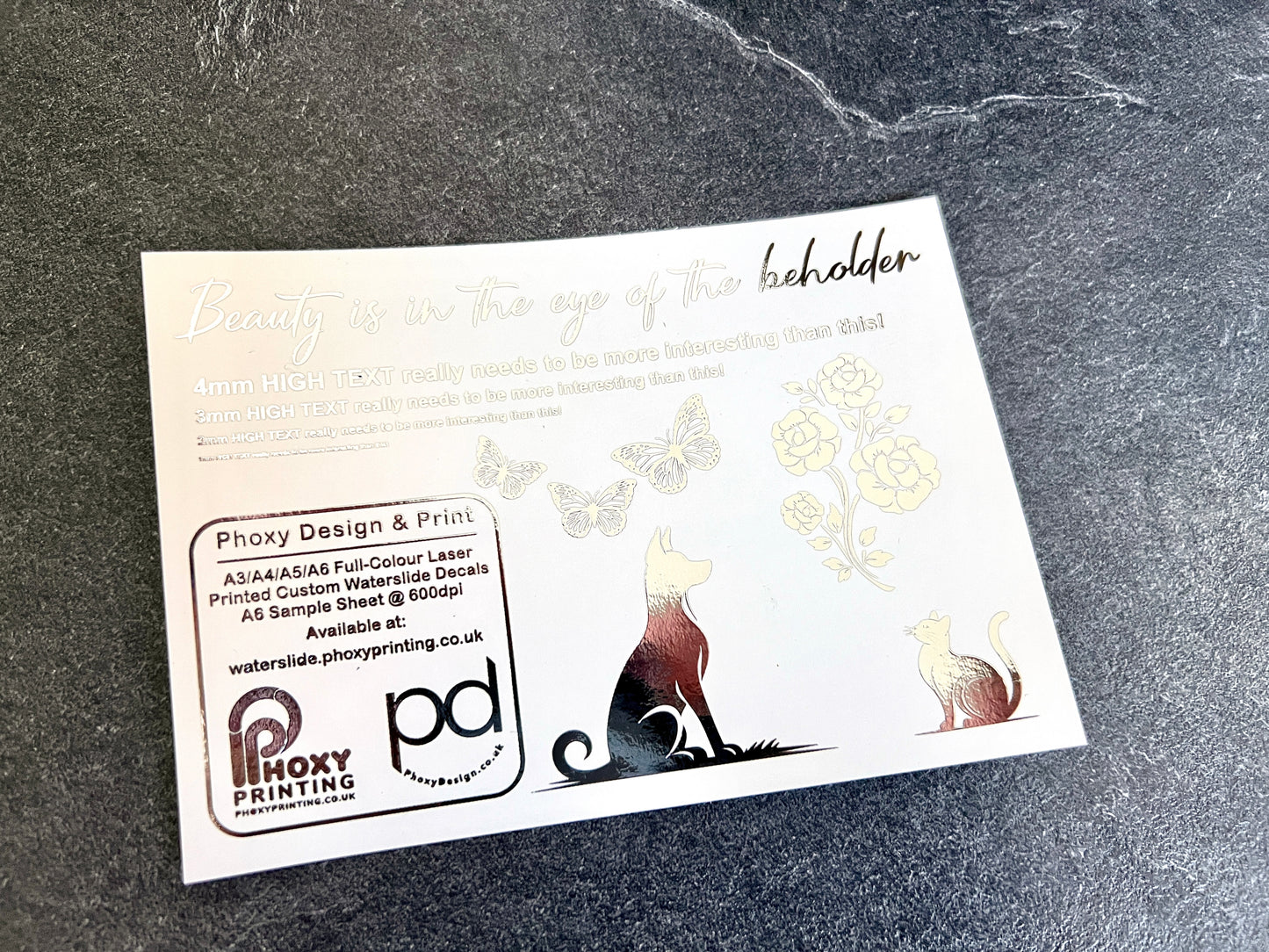 Sample Waterslide Decal Sheet for ANY Colour Surface