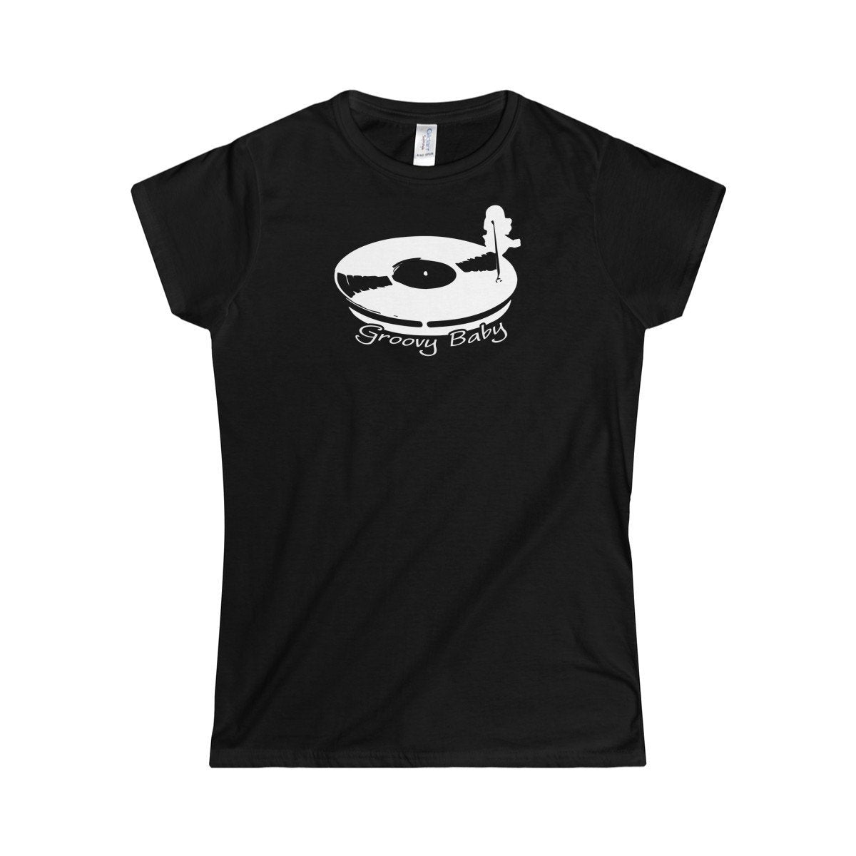 Record Player Turntable Top (Groovy Baby White) Wax Disc DJ Funky Women&#39;s Softstyle Tee