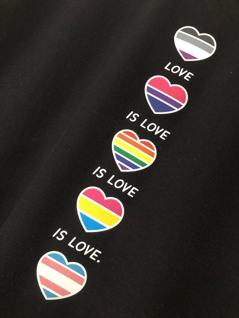 Love Is Love Is Love Hoodie, Gay Pride Hearts Gift Idea, LGBTQ+ Flags in Hearts Hooded Sweatshirt Hoody