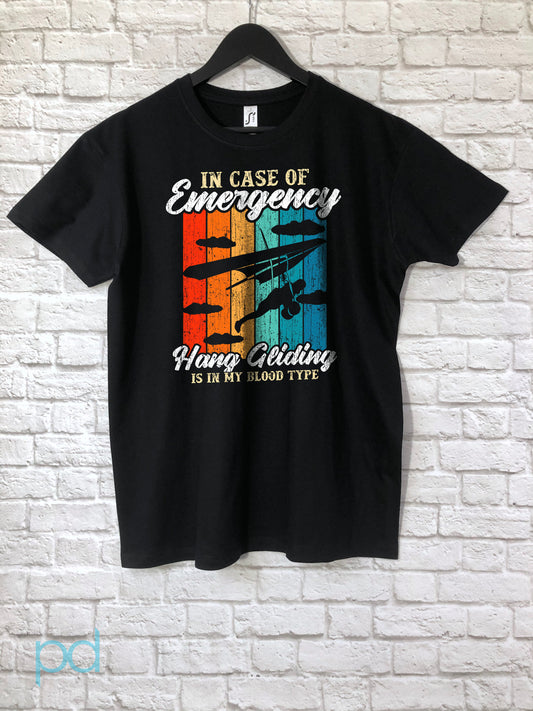 Funny Hang Gliding T-Shirt, In Case of Emergency Hang-Gliding Is In My Blood Type Pun Gift Idea, Humorous Graphic Print Tee Shirt Top