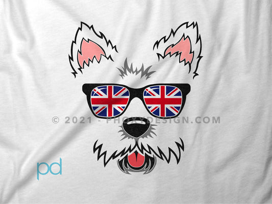 Cute Westie T-Shirt, West Highland Terrier Gift Idea, Adorable Fluffy Dog Face Tee Shirt T Top, UK Union Jack Flag Sunglasses