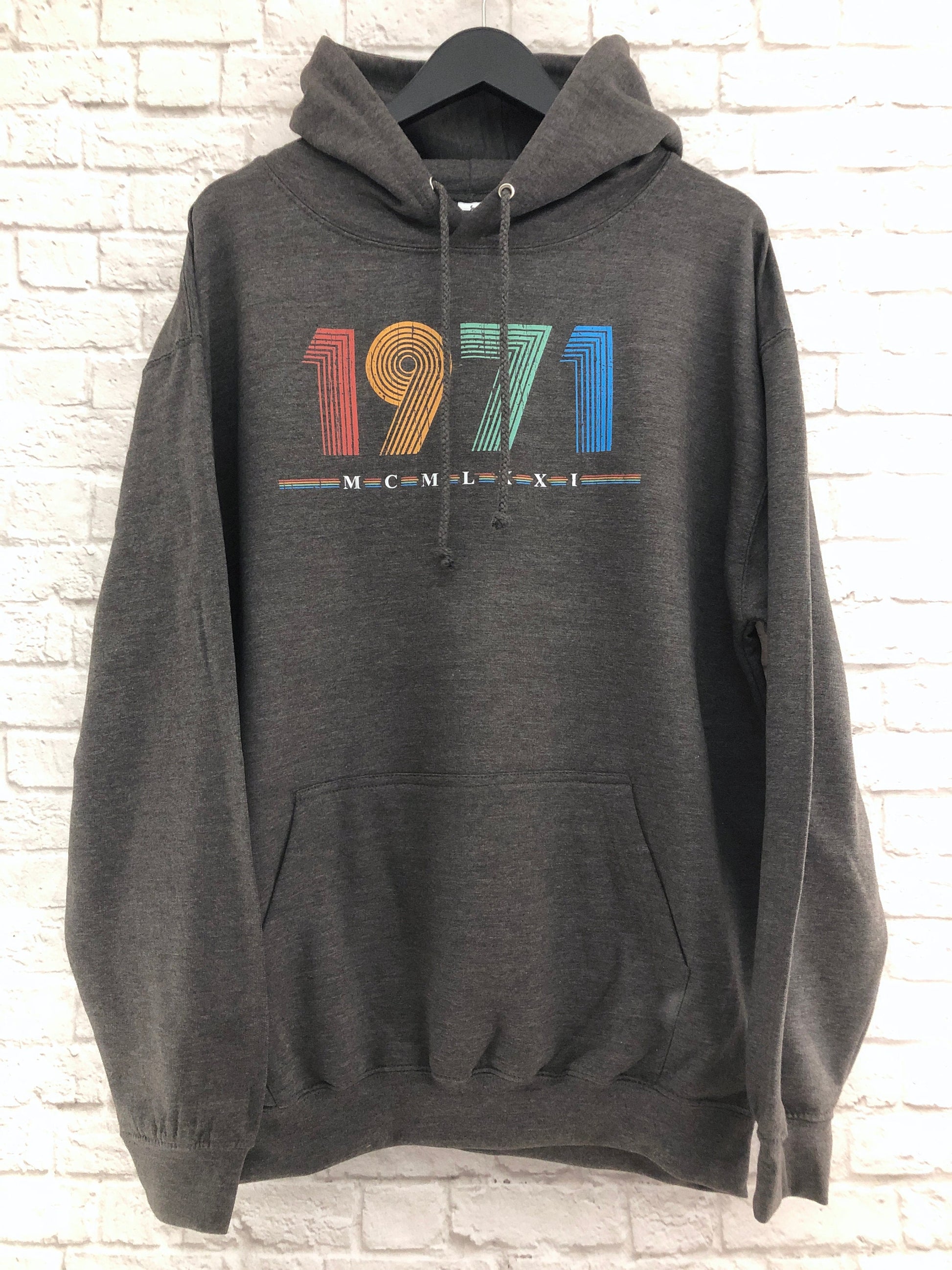 1971 Hoodie, 51st Birthday Gift Hooded Sweatshirt in Retro & Vintage 70s style, MCMLXXI Fiftieth Bday Hoody Sweat Shirt Top For Men or Women