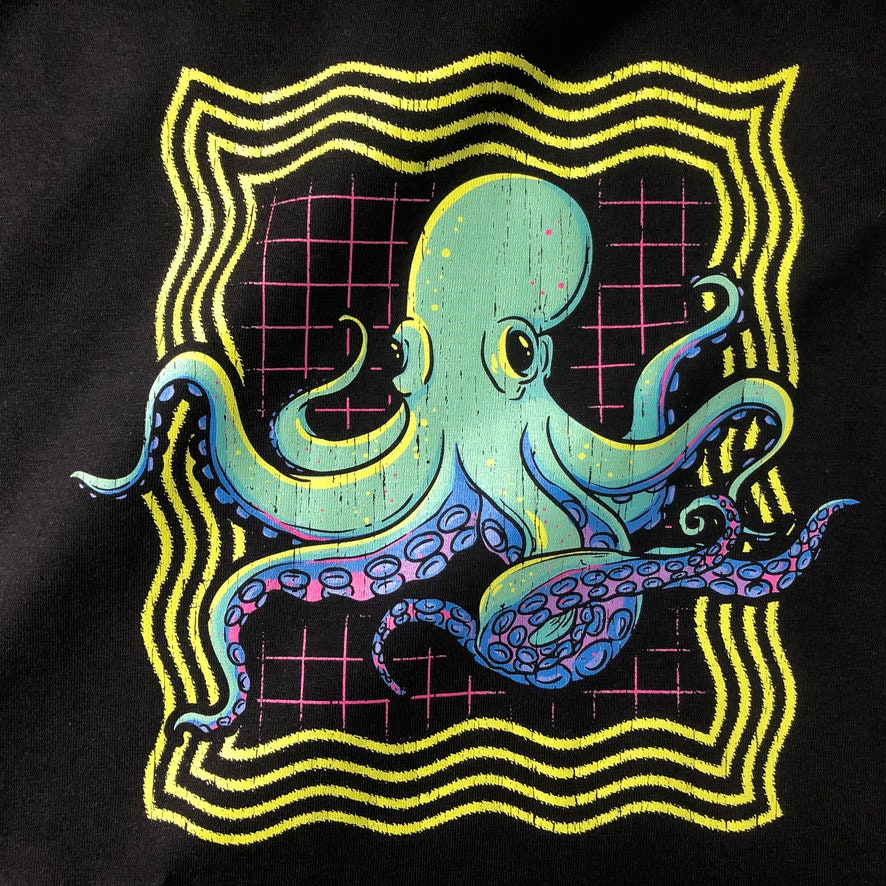 Neon Octopus Hoodie Retro 80s Disco Gift Graphic Print Hooded Sweatsh Phoxy Design Print