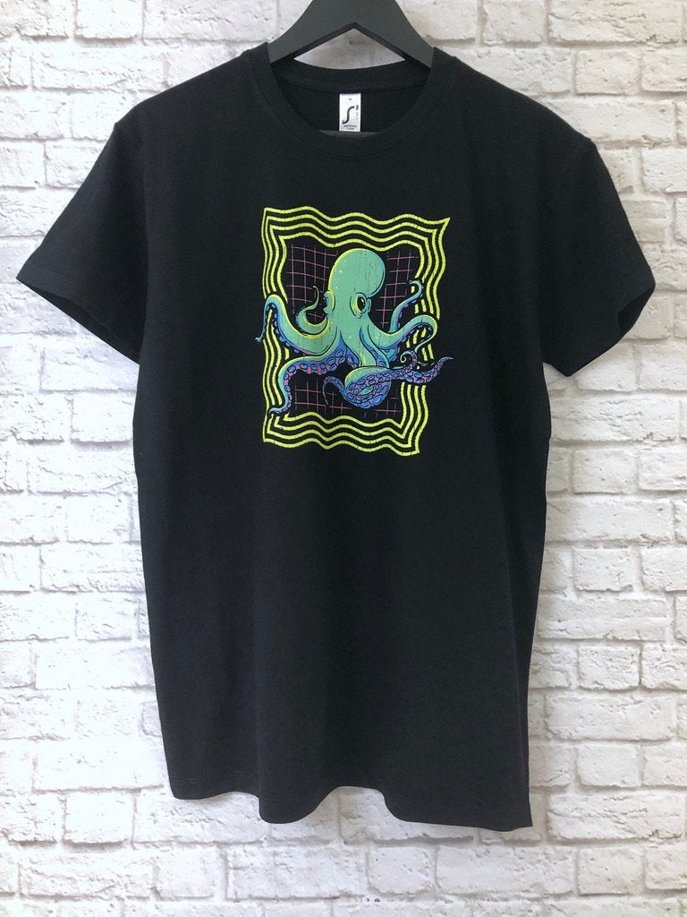 Neon Octopus T-Shirt, Retro 80s Disco Gift Graphic Print Tee Shirt Top