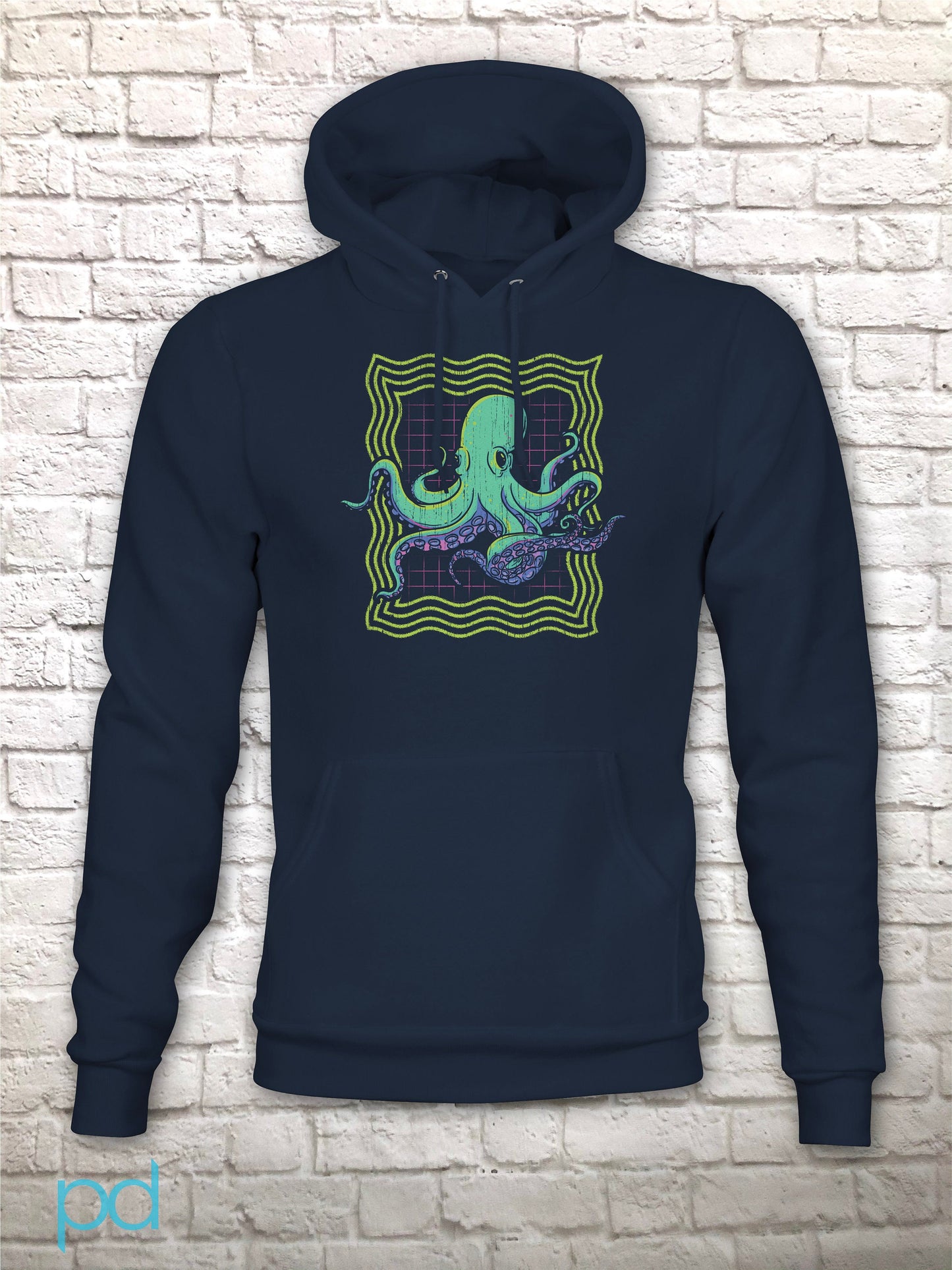 Neon Octopus Hoodie, Retro 80s Disco Gift Graphic Print Hooded Sweatshirt Top