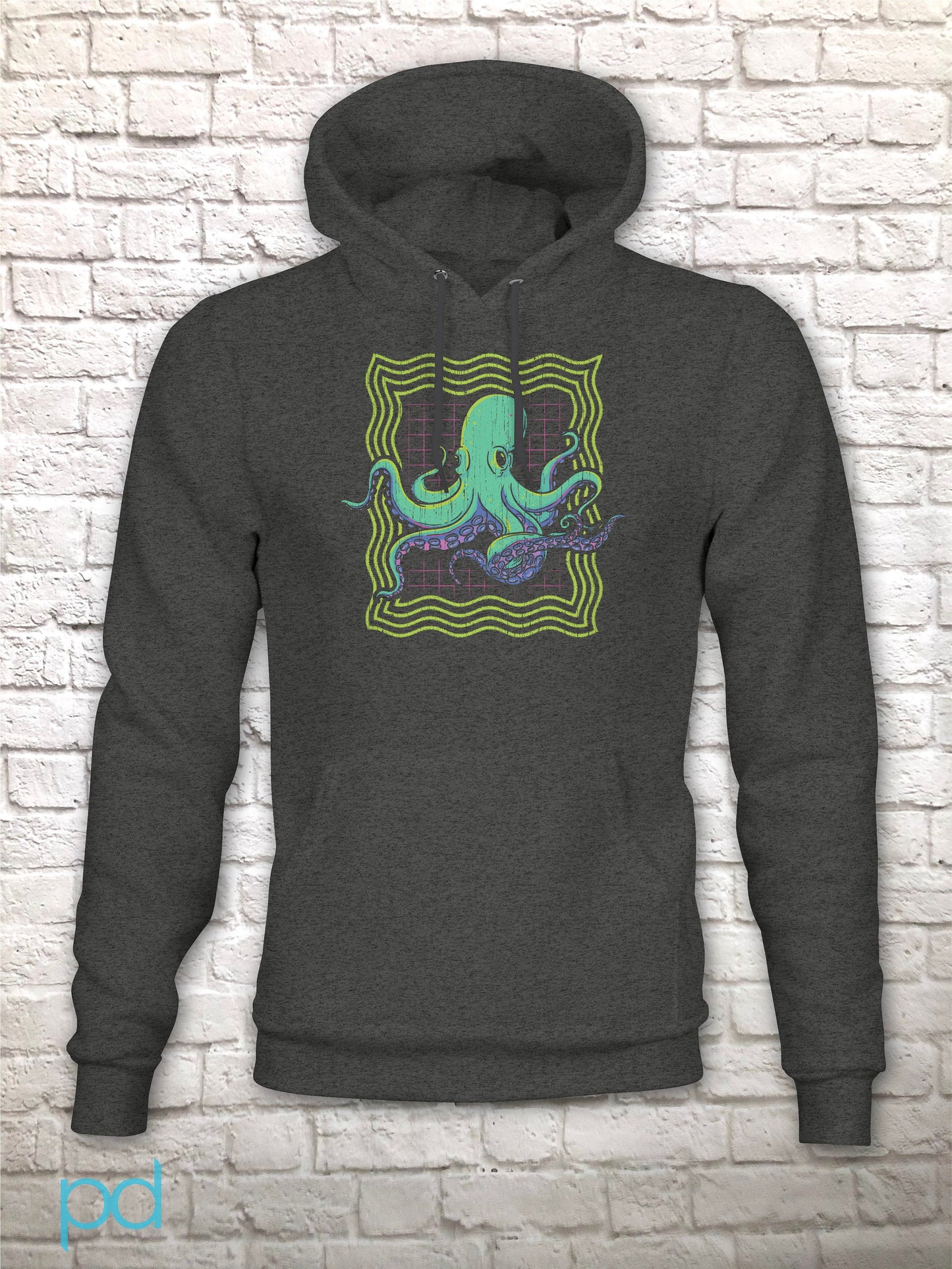 Neon Octopus Hoodie, Retro 80s Disco Gift Graphic Print Hooded Sweatshirt Top