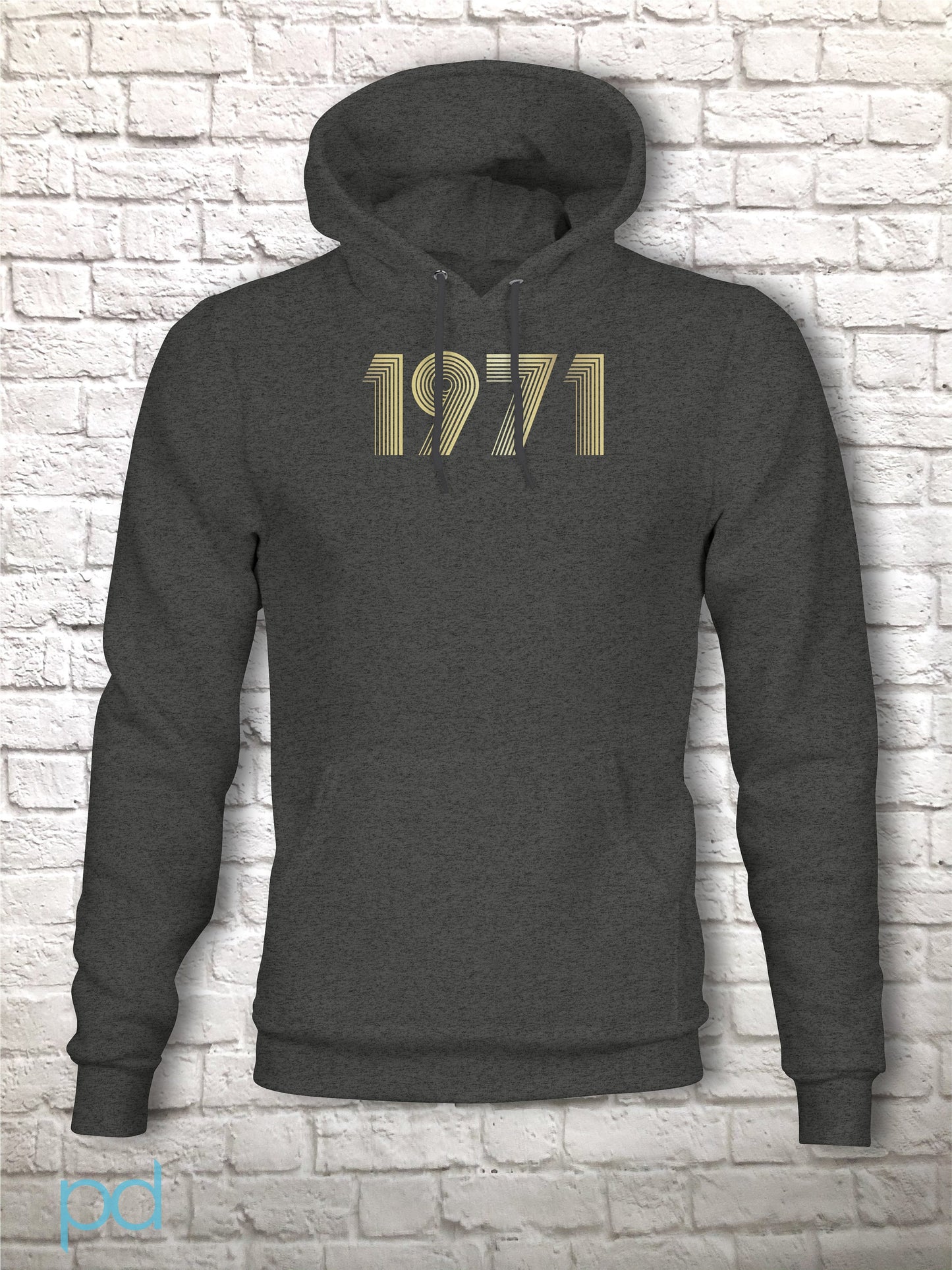 1971 Hoodie Metallic Gold or Silver Foil, 51st Birthday Gift Pullover Hoody in Retro & Vintage 70s style, Fiftieth Unisex Hooded Jumper Top