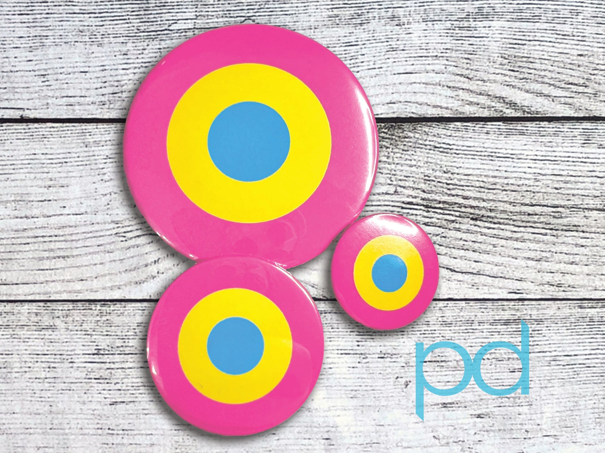 Pansexual Flag Pin Badge, Circle Design using pan flag colours as roundels Pin Back Button