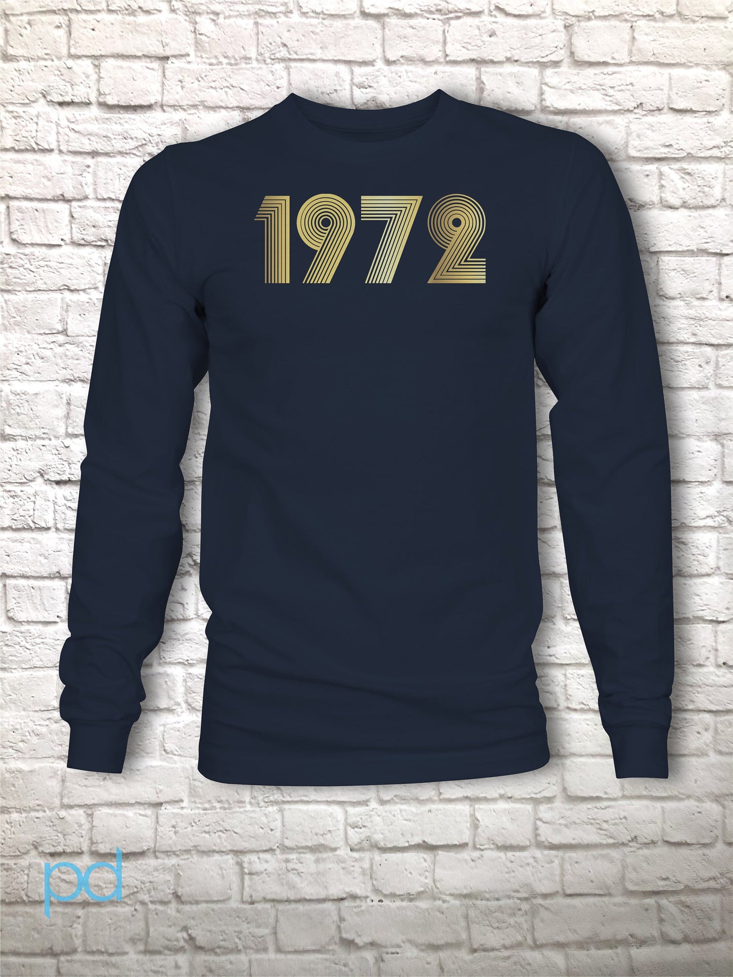 50th Birthday Gift Longsleeve T Shirt Metallic Print Gold, Silver, 1972 T-Shirt in Vintage Retro 70s style font, Fiftieth Present Unisex Top